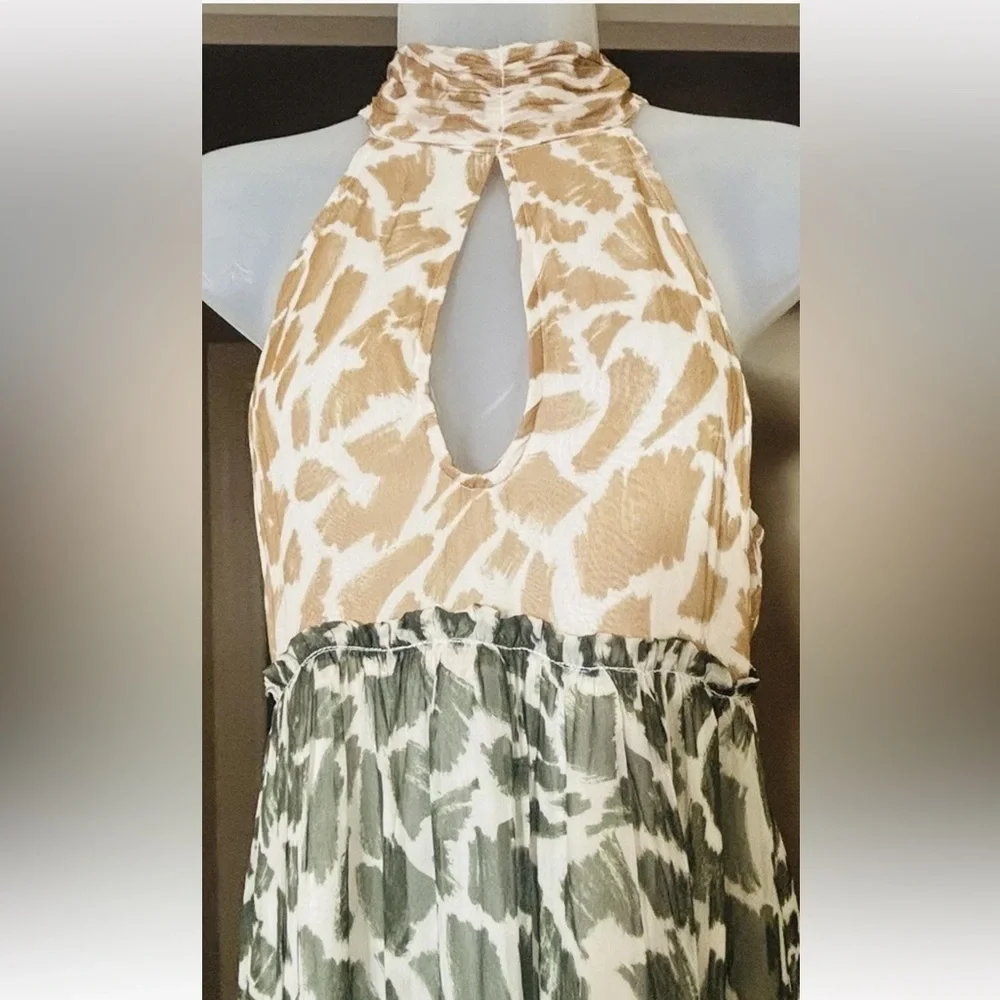 Anthropologie Maeve Keyhole Halter Animal Print Maxi Dress Tiered Size XS NWT